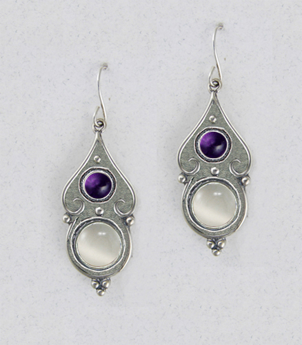 Sterling Silver White Moonstone And Amethyst Gemstone Drop Dangle Earrings